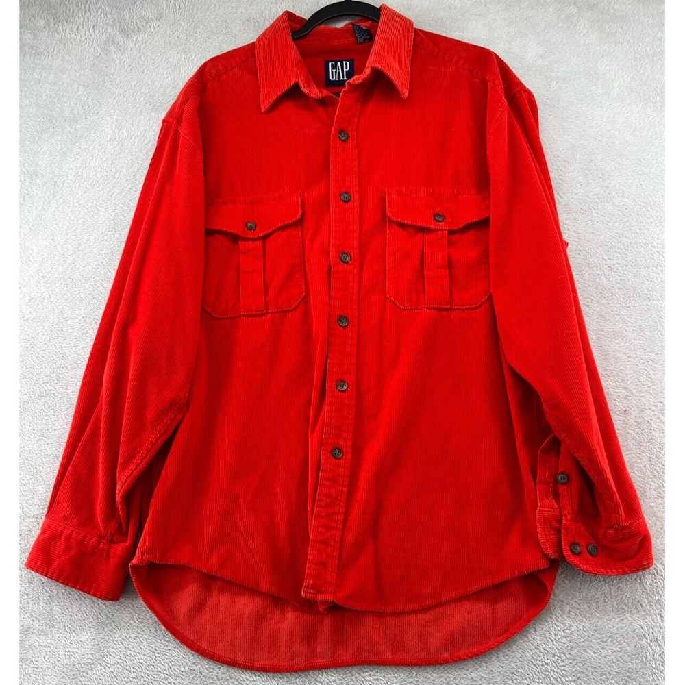 VTG Gap Shirt Mens Sz Large Red Corduroy Wide Wale Cotton Button Up 90s Y2K